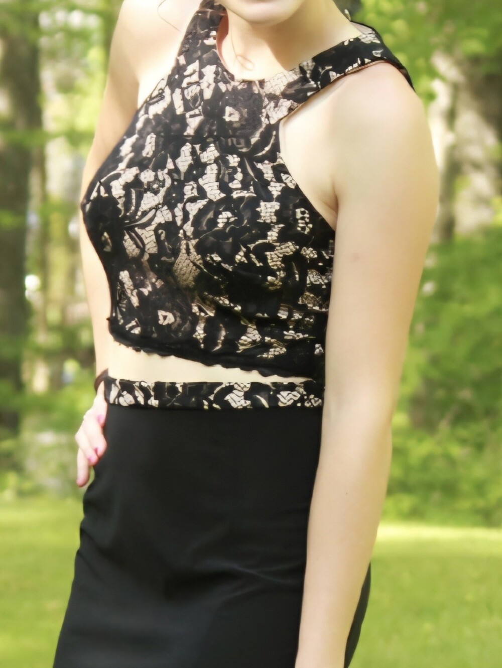 Xscape Black Lace Two-Piece Prom Dress with Nude Lining